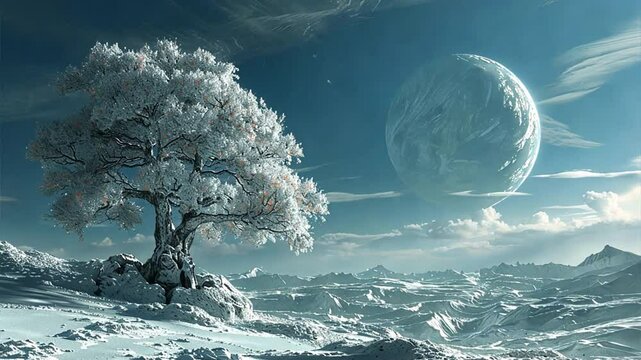 Frozen Serenity: A lone, snow-covered tree stands sentinel against a backdrop of a vast, icy landscape. A single, luminous planet hangs high in the sky, casting an ethereal glow on the scene. The imag