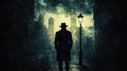 Obraz premium A dark and intense poster featuring a shadowy figure standing under a flickering streetlight in a desolate alley. 
