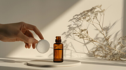A minimalist skincare setup with a hand pressing a pump bottle beside soft shadows