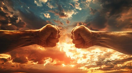 Two fists collide dramatically beneath a stunning sunset sky, symbolizing great strength and unyielding determination