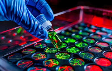 A blue gloved hand holds a cell culture medium liquid vial above a multi well plate with red and green spindly carbon patterns.