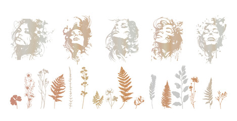 Obraz premium Detailed trendy design for natural products, wall art, social media, prints, invitations and branding design. Vector set of line drawings of decorated women's heads with flowers, plants and leaves.