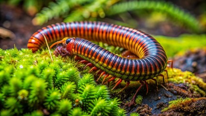 Colorful, segmented millipede crawling slowly on moist, moss-covered forest floor, its many legs wiggling in unison as it searches for decaying organic matter to consume.