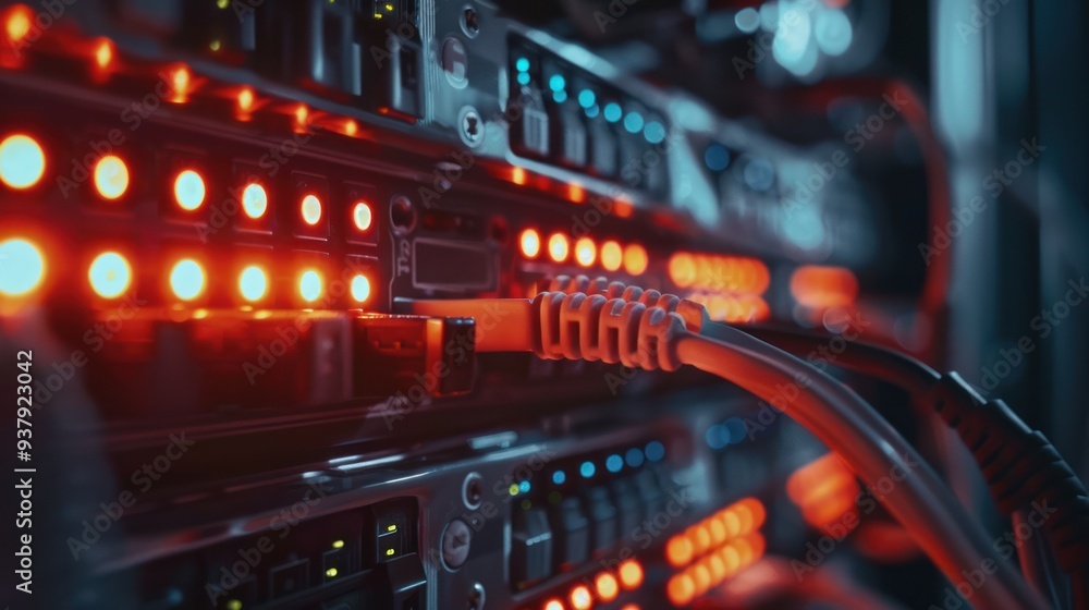 Poster server rack with connected cables in data center