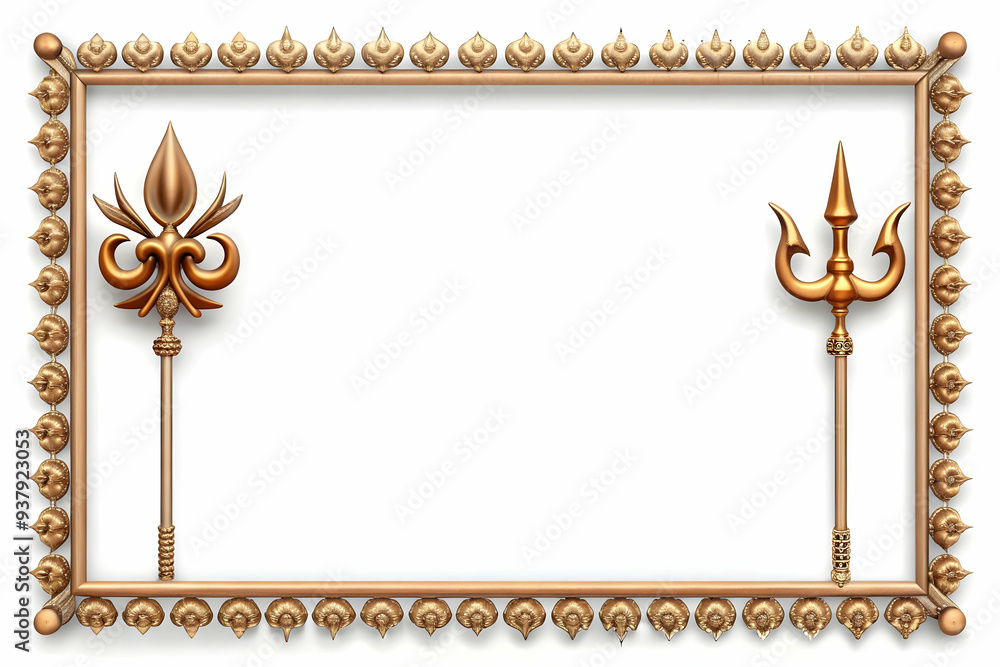 Poster 3d trident and om symbol border concept as horizontal frame with tridents and om symbols placed at a