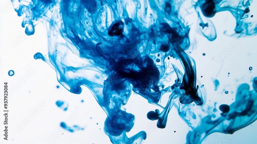 Poster blue ink dropping into clear water, creating swirling patterns and abstract shapes