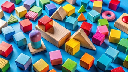 Obraz premium Colorful wooden toy blocks of varying shapes and sizes strewn about on a bright blue background, suggestive of creative play and learning.