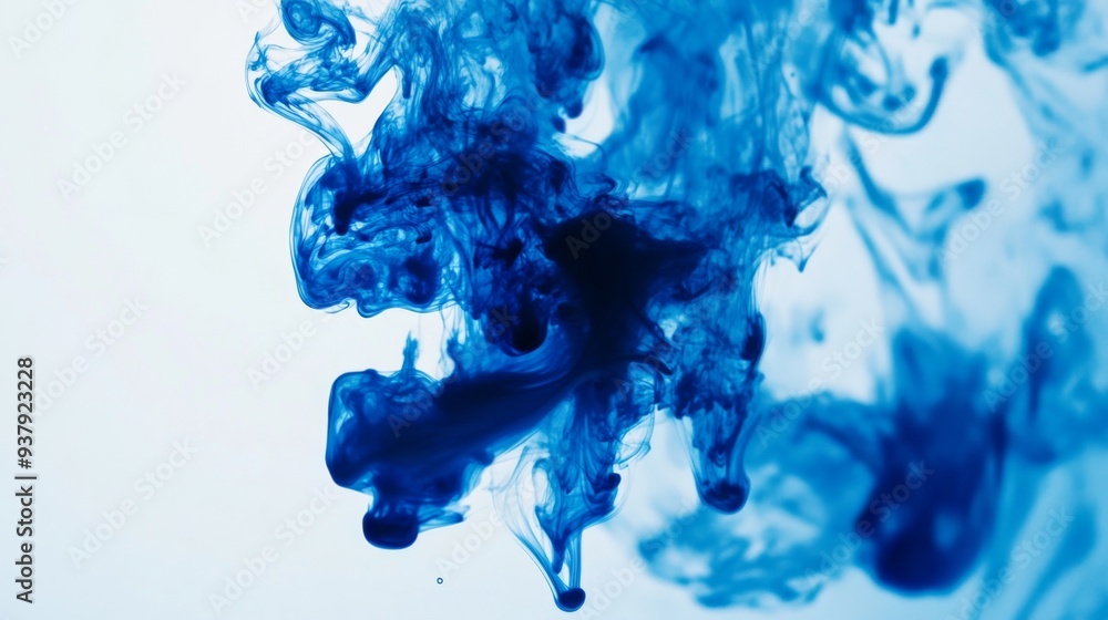 Fototapete Blue ink dropping into clear water, creating swirling patterns and abstract shapes