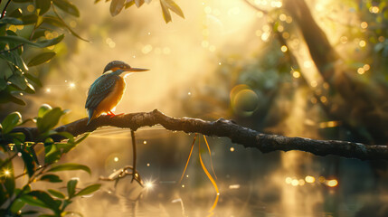Fototapeta premium A dynamic shot of a kingfisher perched on a branch, just about to take flight, the surrounding foliage slightly out of focus