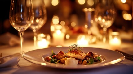 Naklejka premium Candlelit Dinner Table with Gourmet Fish Dish