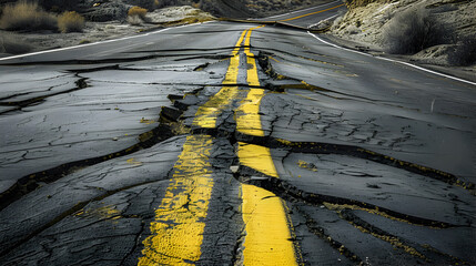 broken aspalt, A road severely cracked and damaged by a powerful earthquake showcasing the force of nature