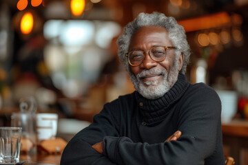 Smiling mature man enjoying a relaxed day at a cozy cafe