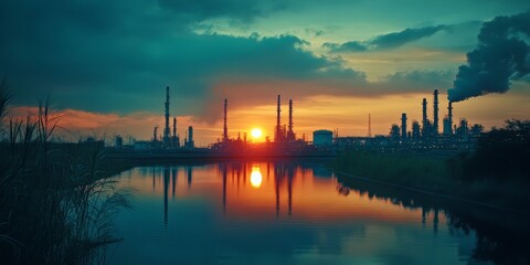 Naklejka premium Industrial Zone: Oil Refinery at Sunset
