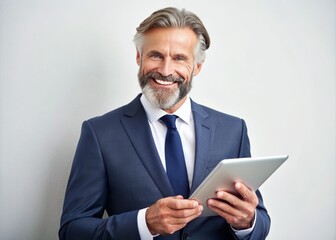Confident mature businessman with beard and warm smile holds digital tablet, engaged with modern technology on a clean white background, exuding professionalism.