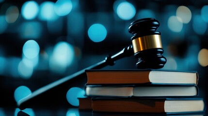 A close-up view of a gavel resting on law books with a soft bokeh background, symbolizing justice and legal authority.