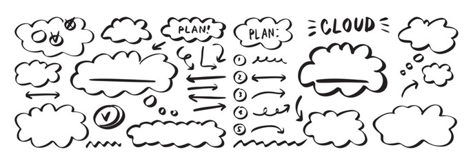 Cloud planning sketch line drawing elements. hand drawn icons for business cloud sketch