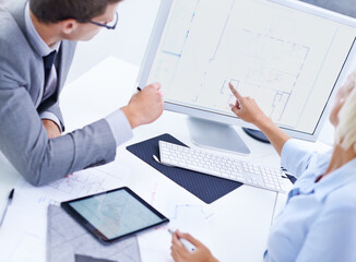 Screen, architecture floor plan or architects on computer for planning, meeting or engineering...