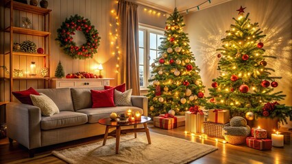 Cozy festive living room with Christmas tree, garland, and ornaments, surrounded by warm lighting, pillows, and gifts, evoking a joyful holiday atmosphere.
