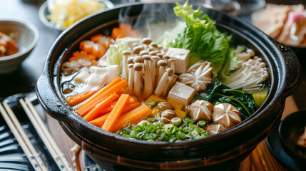 A traditional Japanese hot pot filled with fresh ingredients and boiling broth