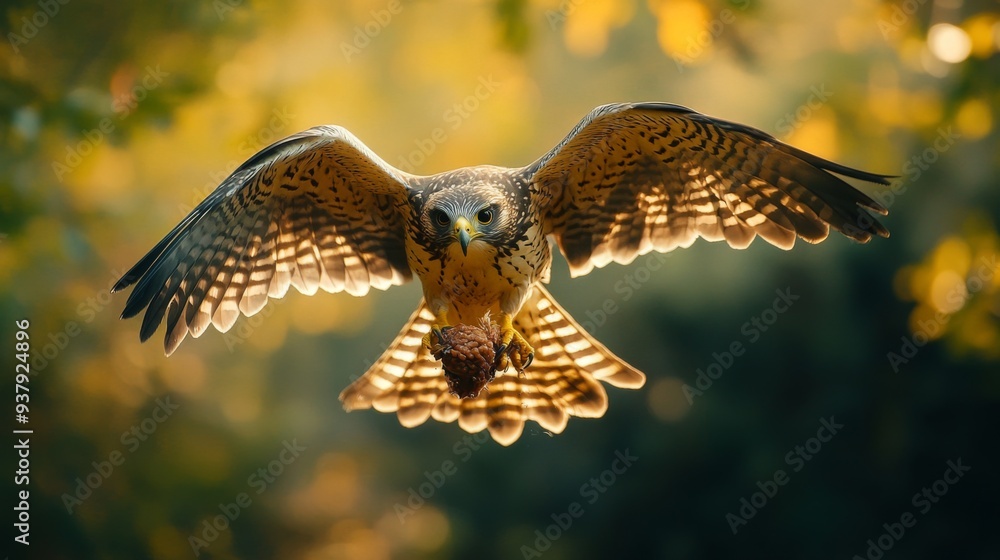 Poster Close-up of a bird catching prey in flight, with sharp focus on the bird and its environment