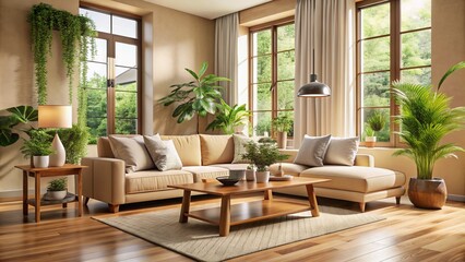 Cozy modern living room interior with cream-colored sofa, wooden coffee table, and lush green plants, surrounded by warm beige walls and large windows.