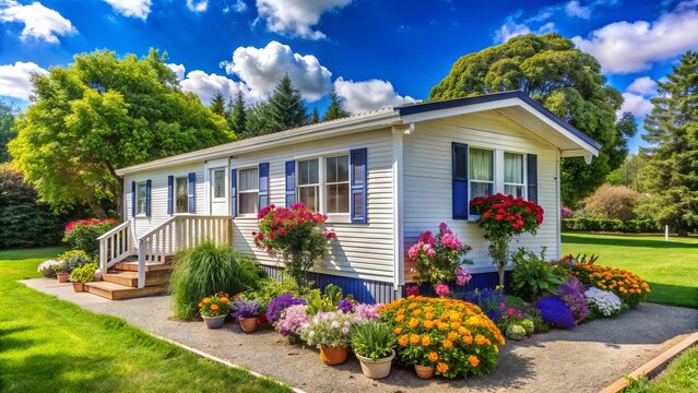 Cozy mobile home with white siding and blue shutters situated amidst lush greenery and vibrant flowers in a serene trailer park setting.