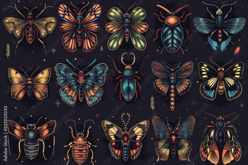 Poster a collection of variously colored insects on a dark surface
