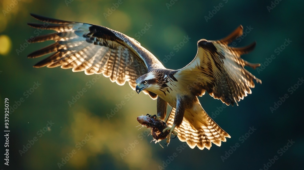 Poster Close-up of a bird catching prey in flight, with sharp focus on the bird and its environment