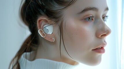 Woman Wearing Earbuds, Close Up Portrait