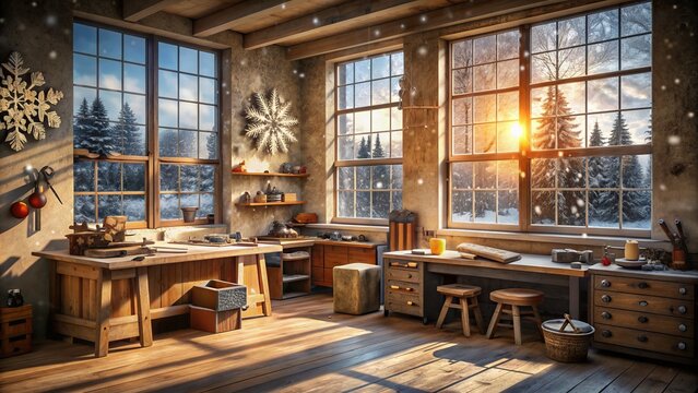 Cozy winter workshop interior with wooden workbenches, rustic toolboxes, and snowflake-covered windows, evoking a sense of warmth and craftsmanship on a cold winter's day.