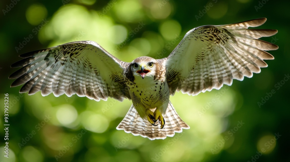Poster Close-up of a bird catching prey in flight, with sharp focus on the bird and its environment