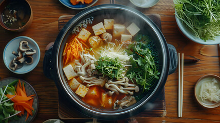 A traditional Japanese hot pot filled with fresh ingredients and boiling broth