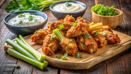 Fototapeta premium Crunchy fried chicken wings tossed in a zesty lemon pepper seasoning, served on a wooden board with a side of celery sticks and blue cheese dressing.