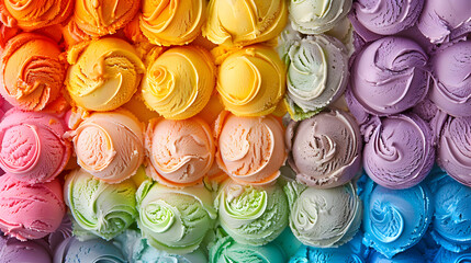 
A vibrant stack of colorful ice cream scoops arranged in a rainbow pattern