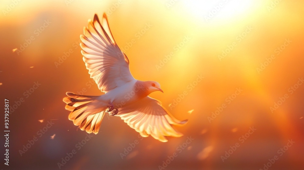 Poster close-up of a bird in flight, with detailed feathers and motion blur against a sunset backdrop