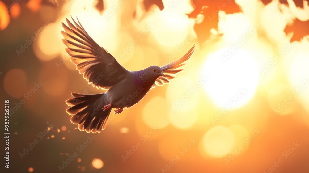 Poster close-up of a bird in flight, with detailed feathers and motion blur against a sunset backdrop