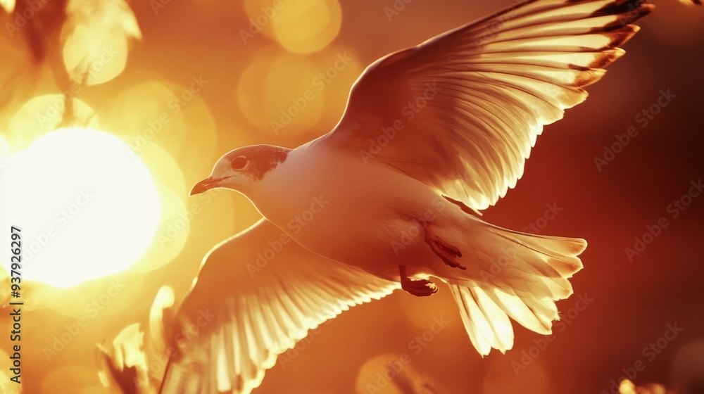 Poster close-up of a bird in flight, with detailed feathers and motion blur against a sunset backdrop