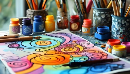 Immerse yourself in a world of vibrant colors and creative expression. This captivating image showcases a colorful palette of paints. 912