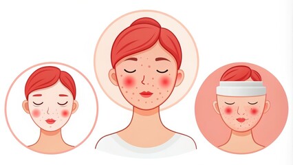 Obraz premium Delicate illustrations of sensitive skin icons, including a red blotchy face, irritated skin patches, and a calming cream jar, conveying gentle skincare routines.