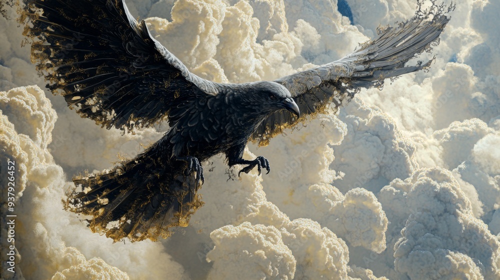 Poster Close-up of a bird in mid-air, with detailed wing patterns and a backdrop of clouds