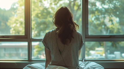 
A woman sitting on a hospital bed facing a window with an IV drip attached