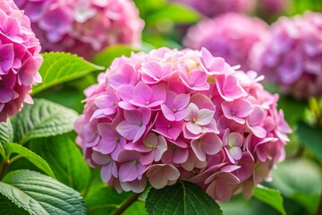 Fototapeta premium Delicate pink hydrangea blooms bursting with lush, soft petals and delicate greenery, filling the air with sweet summer elegance and charm.