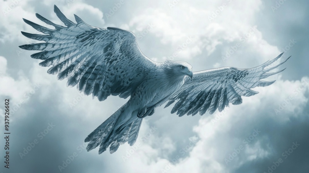 Poster close-up of a bird in mid-air, with detailed wing patterns and a backdrop of clouds