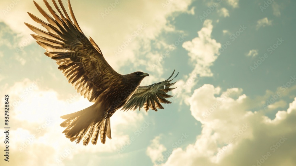 Poster close-up of a bird in mid-air, with detailed wing patterns and a backdrop of clouds
