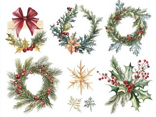 Vintage holiday decorations, whimsical wreaths, delicate snowflakes in watercolor on a crisp white backdrop, inviting customization with ample space for personalized text.