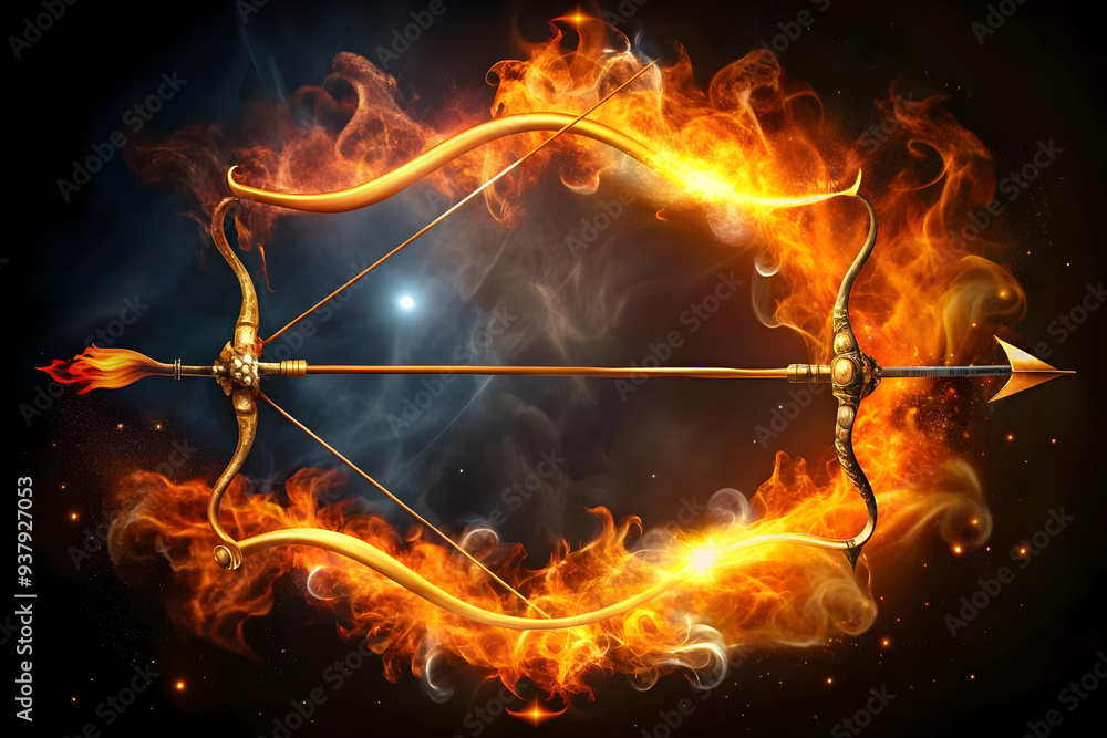 Poster bow and arrow with flames border concept as horizontal frame with a bow on the left and a flaming ar