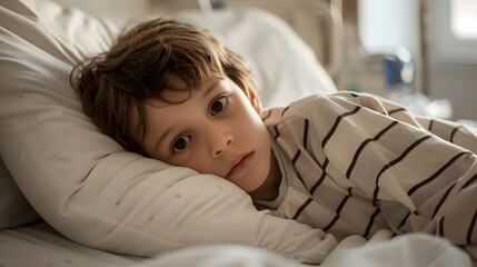 A young boy lying in a hospital bed looking pensive and thoughtful
