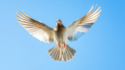 Fototapeta premium Close-up of a bird in mid-flight with wings spread wide, against a clear blue sky