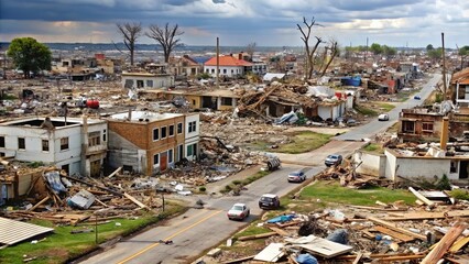 Devastating aftermath of a massive tornado, with destroyed buildings, debris-filled streets, and shattered remnants of a once-thriving neighborhood in Joplin, Missouri.