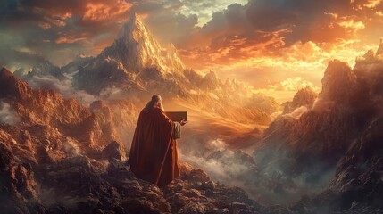 A detailed depiction of Moses receiving the Ten Commandments on Mount Sinai. The scene includes Moses holding the tablets with the commandments, surrounded by dramatic mountain and cloud effects.